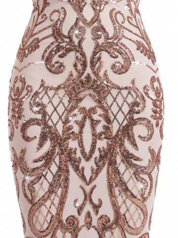 Elegant And Gorgeous Apricot Sexy One-Shoulder Luxury Off-Shoulder Sleeves 3D Floral Floral Beaded Sequin High Waist Tight Mermaid Dress Suitable For Wedding Holiday Party Ramadan Holiday Graduation Season Dress Evening Dress