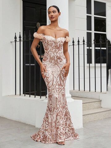 Elegant And Gorgeous Apricot Sexy One-Shoulder Luxury Off-Shoulder Sleeves 3D Floral Floral Beaded Sequin High Waist Tight Mermaid Dress Suitable For Wedding Holiday Party Ramadan Holiday Graduation Season Dress Evening Dress