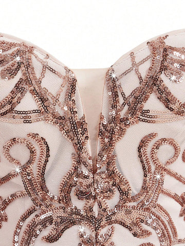 Elegant And Gorgeous Apricot Sexy One-Shoulder Luxury Off-Shoulder Sleeves 3D Floral Floral Beaded Sequin High Waist Tight Mermaid Dress Suitable For Wedding Holiday Party Ramadan Holiday Graduation Season Dress Evening Dress