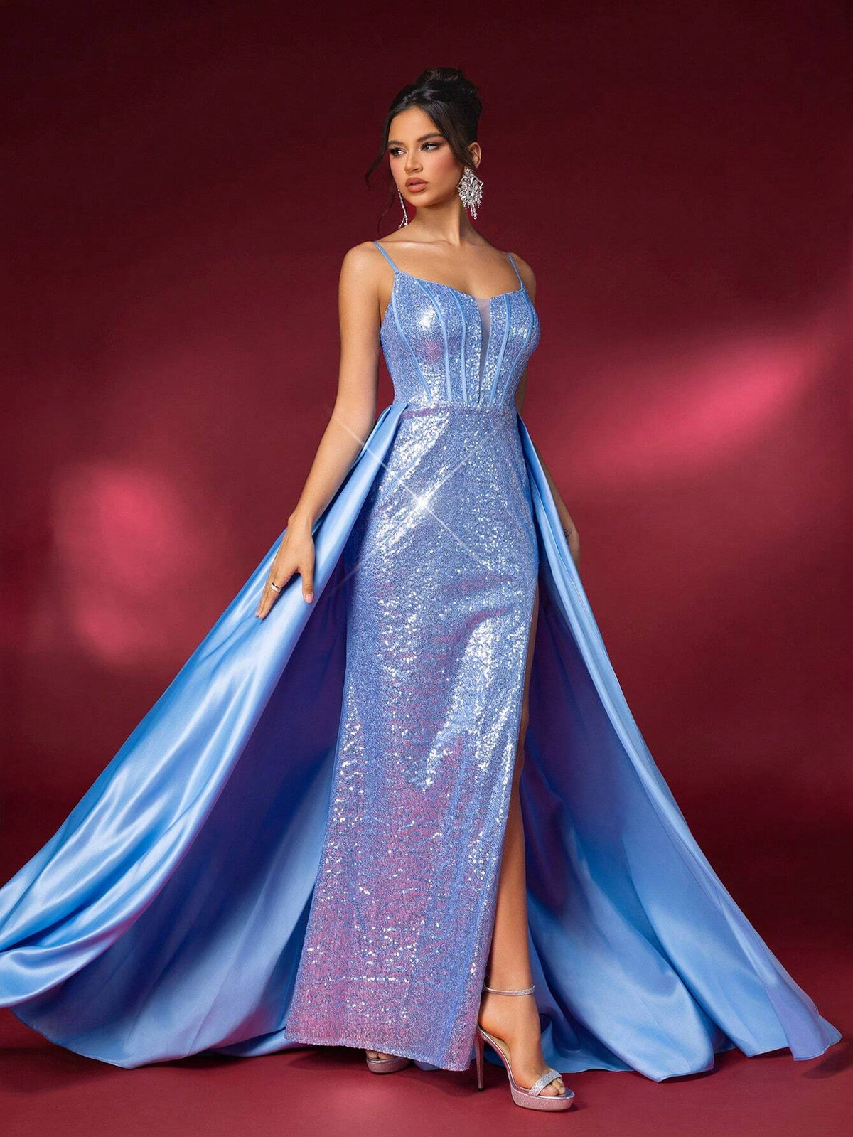 Elegant And Gorgeous Beaded Floral Appliqué Sheer Mermaid Dress, Heavywork, With High Slit And Trail For Formal Events