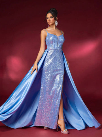 Elegant And Gorgeous Beaded Floral Appliqué Sheer Mermaid Dress, Heavywork, With High Slit And Trail For Formal Events