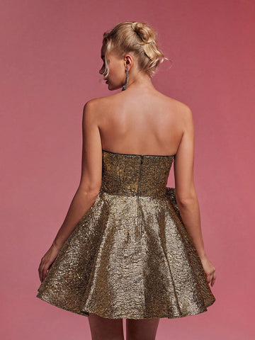 Elegant And Gorgeous Black And Gold Jacquard Fabric Tube Top Pleated Big Bow Big A-Line Short Style Suitable For Dinner Parties Back To School Season Dating Formal Prom Dress