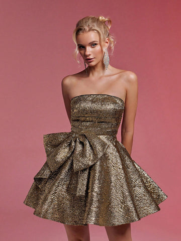 Elegant And Gorgeous Black And Gold Jacquard Fabric Tube Top Pleated Big Bow Big A-Line Short Style Suitable For Dinner Parties Back To School Season Dating Formal Prom Dress