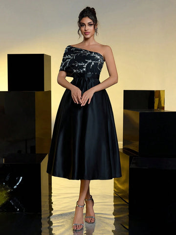 Elegant And Gorgeous Black Fine Sequin Stitching Satin One-Shoulder Pleated Large A Skirt Suitable For Evening Dance Bachelor Party Birthday Date Prom Dress