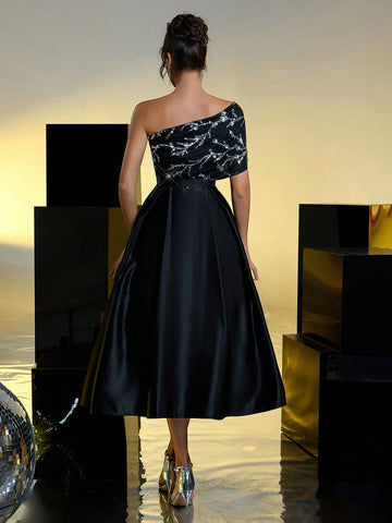 Elegant And Gorgeous Black Fine Sequin Stitching Satin One-Shoulder Pleated Large A Skirt Suitable For Evening Dance Bachelor Party Birthday Date Prom Dress