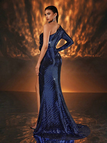 Elegant And Gorgeous Blue Luxurious Stretch Fine Flash Knitted Fabric One Shoulder Single Long Sleeve Gathered Three-Dimensional Floral Texture Decoration Waist High Slit To The Thigh Suitable For Evening Parties And Dates Formal Evening Dress