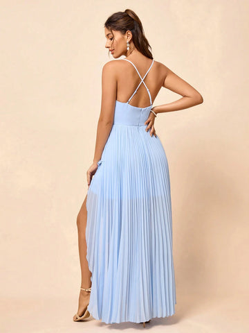 Elegant And Gorgeous Blue Strappy Cup Halter A-Line High Low Pressure Pleated Drape Dress For Holiday Party Wedding Holiday Graduation Season Informal Bridesmaid Dress