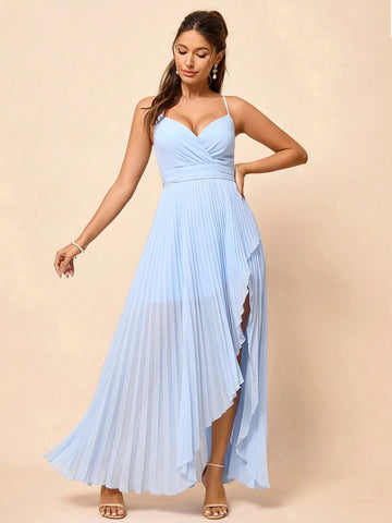 Elegant And Gorgeous Blue Strappy Cup Halter A-Line High Low Pressure Pleated Drape Dress For Holiday Party Wedding Holiday Graduation Season Informal Bridesmaid Dress