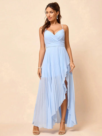 Elegant And Gorgeous Blue Strappy Cup Halter A-Line High Low Pressure Pleated Drape Dress For Holiday Party Wedding Holiday Graduation Season Informal Bridesmaid Dress