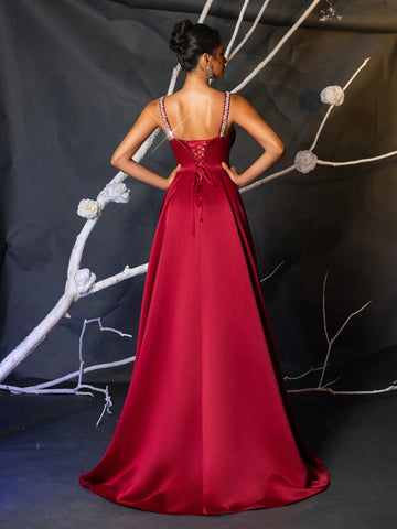 Elegant And Gorgeous Classic Wine Red Satin Fine Shiny Diamond Chain Shoulder Straps Spliced Peach Chest Sleeveless Gathered Fishtail Hem Spliced Oversized Outer Piece Evening Dance Party Heavy Evening Dress