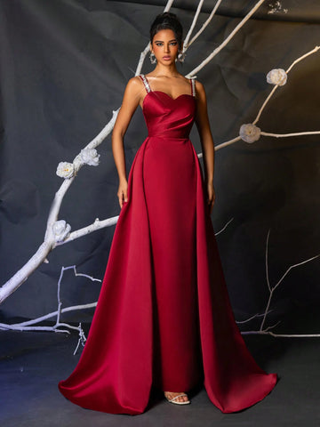Elegant And Gorgeous Classic Wine Red Satin Fine Shiny Diamond Chain Shoulder Straps Spliced Peach Chest Sleeveless Gathered Fishtail Hem Spliced Oversized Outer Piece Evening Dance Party Heavy Evening Dress
