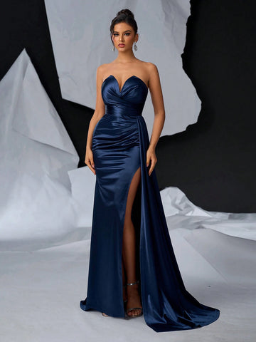 Elegant And Gorgeous Dark Blue Luxury Stretch Bright Satin V-Neck Breast Cup Graduation Evening Gowns (Heavy Industrial Style)