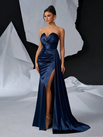 Elegant And Gorgeous Dark Blue Luxury Stretch Bright Satin V-Neck Breast Cup Graduation Evening Gowns (Heavy Industrial Style)