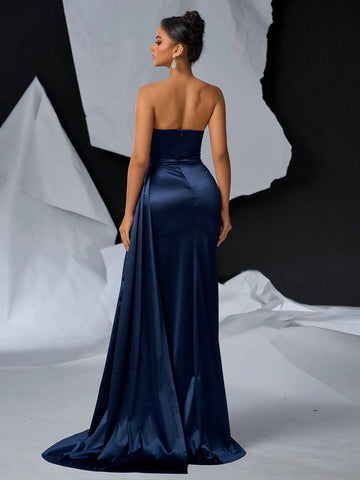 Elegant And Gorgeous Dark Blue Luxury Stretch Bright Satin V-Neck Breast Cup Graduation Evening Gowns (Heavy Industrial Style)