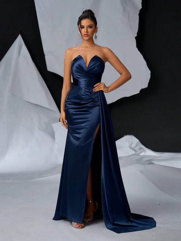 Elegant And Gorgeous Dark Blue Luxury Stretch Bright Satin V-Neck Breast Cup Graduation Evening Gowns (Heavy Industrial Style)