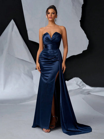 Elegant And Gorgeous Dark Blue Luxury Stretch Bright Satin V-Neck Breast Cup Graduation Evening Gowns (Heavy Industrial Style)