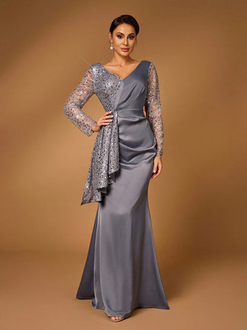 Elegant And Gorgeous Dark Gray Luxury Embroidered Lace Stitching Satin Pleated Long Sleeve Fishtail Dress Suitable For Wedding Events Bachelorette Party Holiday Prom Dinner Mother Of The Bride Dress