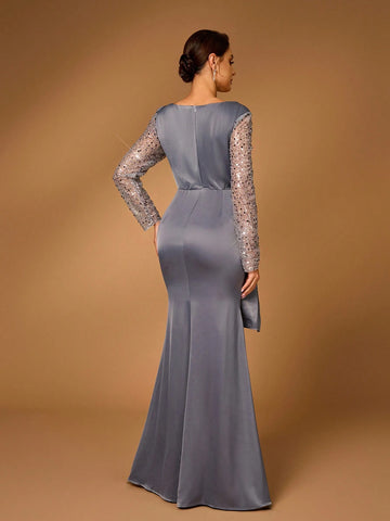 Elegant And Gorgeous Dark Gray Luxury Embroidered Lace Stitching Satin Pleated Long Sleeve Fishtail Dress Suitable For Wedding Events Bachelorette Party Holiday Prom Dinner Mother Of The Bride Dress