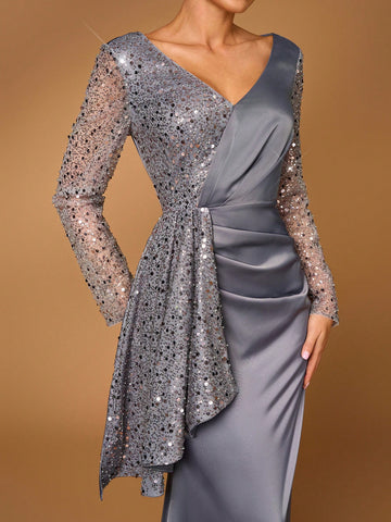 Elegant And Gorgeous Dark Gray Luxury Embroidered Lace Stitching Satin Pleated Long Sleeve Fishtail Dress Suitable For Wedding Events Bachelorette Party Holiday Prom Dinner Mother Of The Bride Dress