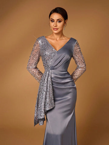 Elegant And Gorgeous Dark Gray Luxury Embroidered Lace Stitching Satin Pleated Long Sleeve Fishtail Dress Suitable For Wedding Events Bachelorette Party Holiday Prom Dinner Mother Of The Bride Dress