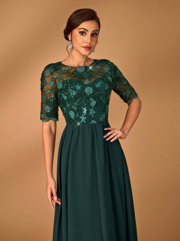Elegant And Gorgeous Dark Green Luxurious Fine Sequins Stitching Chiffon Fabric Round Neck See-Through Mid-Length Sleeves For Mother To Attend Wedding Events Dinner Dance Formal Mother Of The Bride Dress Evening Dress