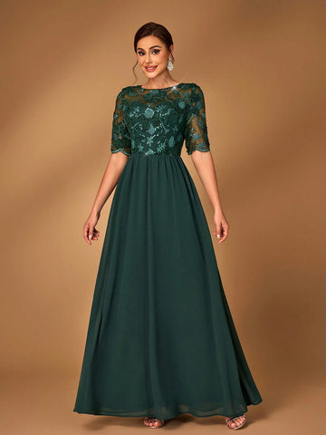 Elegant And Gorgeous Dark Green Luxurious Fine Sequins Stitching Chiffon Fabric Round Neck See-Through Mid-Length Sleeves For Mother To Attend Wedding Events Dinner Dance Formal Mother Of The Bride Dress Evening Dress