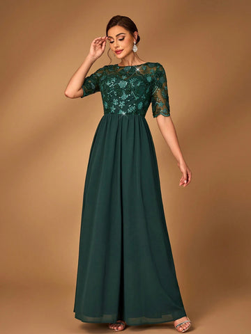 Elegant And Gorgeous Dark Green Luxurious Fine Sequins Stitching Chiffon Fabric Round Neck See-Through Mid-Length Sleeves For Mother To Attend Wedding Events Dinner Dance Formal Mother Of The Bride Dress Evening Dress