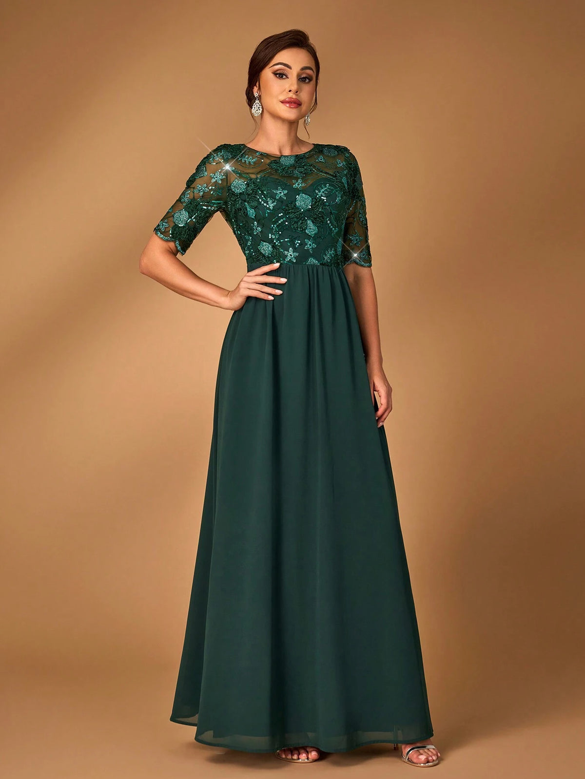 Elegant And Gorgeous Dark Green Luxurious Fine Sequins Stitching Chiffon Fabric Round Neck See-Through Mid-Length Sleeves For Mother To Attend Wedding Events Dinner Dance Formal Mother Of The Bride Dress Evening Dress