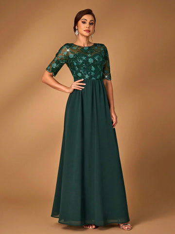 Elegant And Gorgeous Dark Green Luxurious Fine Sequins Stitching Chiffon Fabric Round Neck See-Through Mid-Length Sleeves For Mother To Attend Wedding Events Dinner Dance Formal Mother Of The Bride Dress Evening Dress
