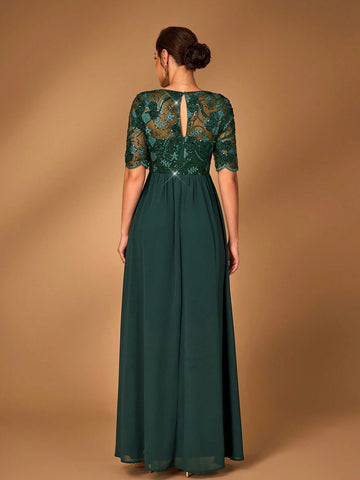 Elegant And Gorgeous Dark Green Luxurious Fine Sequins Stitching Chiffon Fabric Round Neck See-Through Mid-Length Sleeves For Mother To Attend Wedding Events Dinner Dance Formal Mother Of The Bride Dress Evening Dress