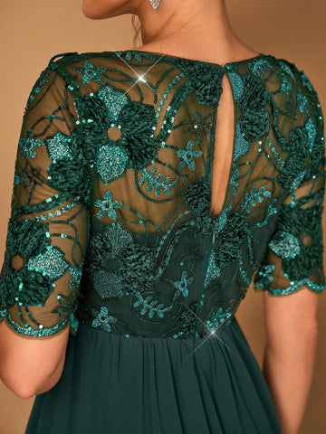 Elegant And Gorgeous Dark Green Luxurious Fine Sequins Stitching Chiffon Fabric Round Neck See-Through Mid-Length Sleeves For Mother To Attend Wedding Events Dinner Dance Formal Mother Of The Bride Dress Evening Dress