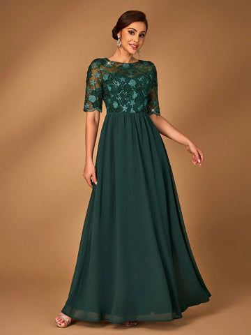 Elegant And Gorgeous Dark Green Luxurious Fine Sequins Stitching Chiffon Fabric Round Neck See-Through Mid-Length Sleeves For Mother To Attend Wedding Events Dinner Dance Formal Mother Of The Bride Dress Evening Dress