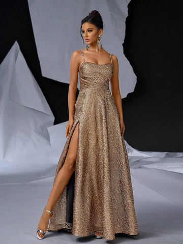 Elegant And Gorgeous Golden Glossy Metal High-End Satin Neckline Dinner Dress (Heavy Style)