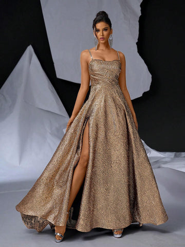 Elegant And Gorgeous Golden Glossy Metal High-End Satin Neckline Dinner Dress (Heavy Style)