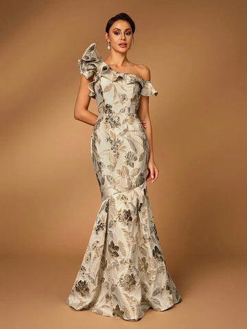 Elegant And Gorgeous Golden Jacquard Satin Oblique Shoulder Asymmetric Ruffled Fishtail Shape Suitable For Wedding Events Evening Party Prom Party Mother Of The Bride Dress Heavy Industry Evening Dress