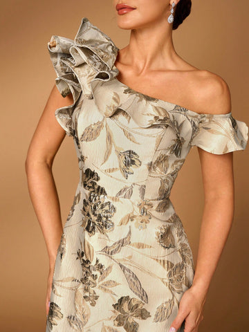 Elegant And Gorgeous Golden Jacquard Satin Oblique Shoulder Asymmetric Ruffled Fishtail Shape Suitable For Wedding Events Evening Party Prom Party Mother Of The Bride Dress Heavy Industry Evening Dress