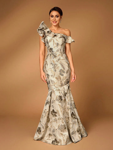 Elegant And Gorgeous Golden Jacquard Satin Oblique Shoulder Asymmetric Ruffled Fishtail Shape Suitable For Wedding Events Evening Party Prom Party Mother Of The Bride Dress Heavy Industry Evening Dress