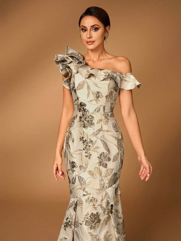 Elegant And Gorgeous Golden Jacquard Satin Oblique Shoulder Asymmetric Ruffled Fishtail Shape Suitable For Wedding Events Evening Party Prom Party Mother Of The Bride Dress Heavy Industry Evening Dress