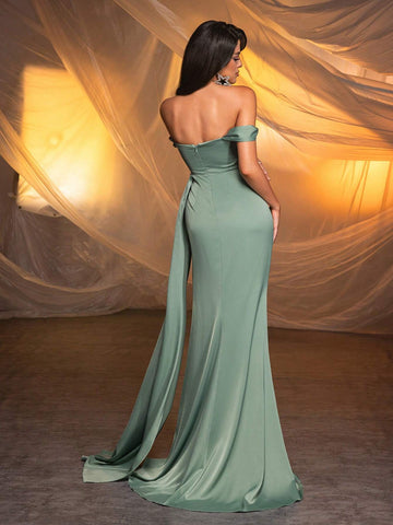 Elegant And Gorgeous Grass Green Luxury One-Shoulder Plus Straps Off-ShoulderHigh Slit Fishtail Skirt Suitable For Wedding Events Graduation Season Prom Party Dinner Dress