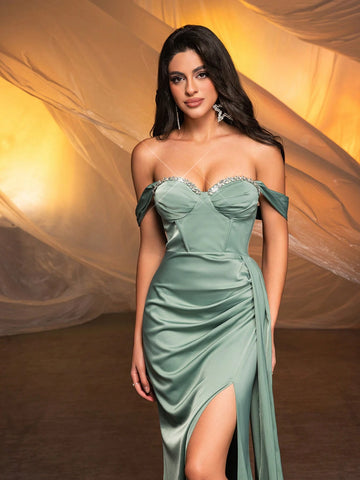 Elegant And Gorgeous Grass Green Luxury One-Shoulder Plus Straps Off-ShoulderHigh Slit Fishtail Skirt Suitable For Wedding Events Graduation Season Prom Party Dinner Dress
