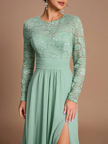 Elegant And Gorgeous Grass Green Stretch Lace Spliced Chiffon Ruffles Slit Fishtail Skirt Gathered Large Hem Suitable For Wedding Events Parties, Vacations, Prom Bridesmaid Dresses (Adult Size)