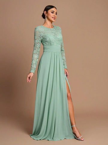 Elegant And Gorgeous Grass Green Stretch Lace Spliced Chiffon Ruffles Slit Fishtail Skirt Gathered Large Hem Suitable For Wedding Events Parties, Vacations, Prom Bridesmaid Dresses (Adult Size)