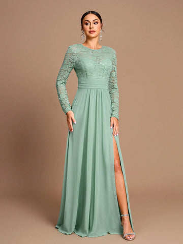 Elegant And Gorgeous Grass Green Stretch Lace Spliced Chiffon Ruffles Slit Fishtail Skirt Gathered Large Hem Suitable For Wedding Events Parties, Vacations, Prom Bridesmaid Dresses (Adult Size)