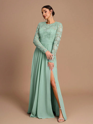 Elegant And Gorgeous Grass Green Stretch Lace Spliced Chiffon Ruffles Slit Fishtail Skirt Gathered Large Hem Suitable For Wedding Events Parties, Vacations, Prom Bridesmaid Dresses (Adult Size)