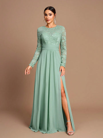 Elegant And Gorgeous Grass Green Stretch Lace Spliced Chiffon Ruffles Slit Fishtail Skirt Gathered Large Hem Suitable For Wedding Events Parties, Vacations, Prom Bridesmaid Dresses (Adult Size)