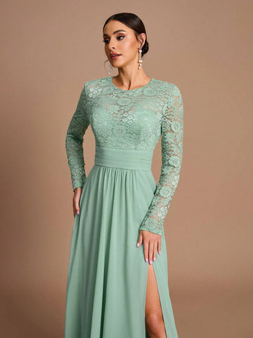 Elegant And Gorgeous Grass Green Stretch Lace Spliced Chiffon Ruffles Slit Fishtail Skirt Gathered Large Hem Suitable For Wedding Events Parties, Vacations, Prom Bridesmaid Dresses (Adult Size)