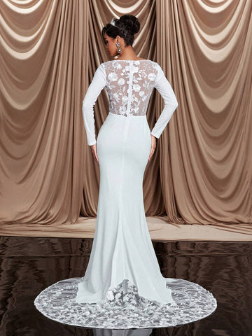 Elegant And Gorgeous Luxury Beige Embroidered Appliqué Lace Long-Sleeved V-Neck Tight Fishtail Skirt With Tail Suitable For Weddings, Events, Bachelor Parties, Vacations, Formal Balls, Bridal Wedding Dresses