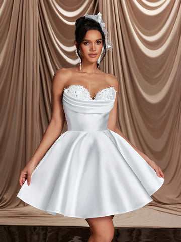 Elegant And Gorgeous Luxury Beige Strapless Strapless Beaded Embroidered Satin Ruffled Tutu Skirt With Large Skirt And Long Bow, Suitable For Wedding, Party, Prom, Vacation, Bridal Gift Shower Dress