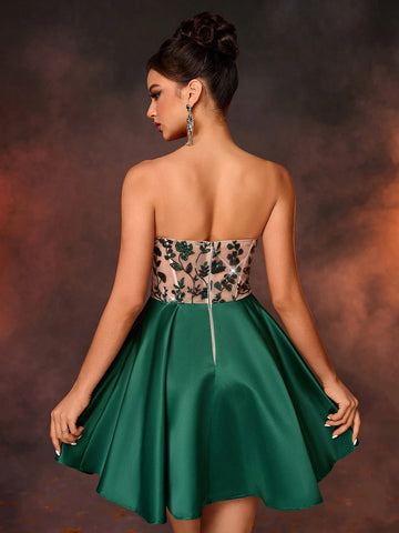 Elegant And Gorgeous Luxury Olive Green And Skin Tone Stretch Floral Sequin Patchwork Satin Bubble Skirt With Large Hem Suitable For Wedding, Bachelorette Party, Vacation, Prom Dress (Heavy Version)