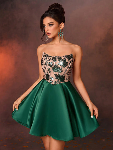 Elegant And Gorgeous Luxury Olive Green And Skin Tone Stretch Floral Sequin Patchwork Satin Bubble Skirt With Large Hem Suitable For Wedding, Bachelorette Party, Vacation, Prom Dress (Heavy Version)